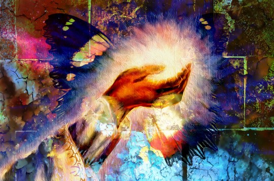 woman hand with light and butterfly on crackled textured wall, graphic design.